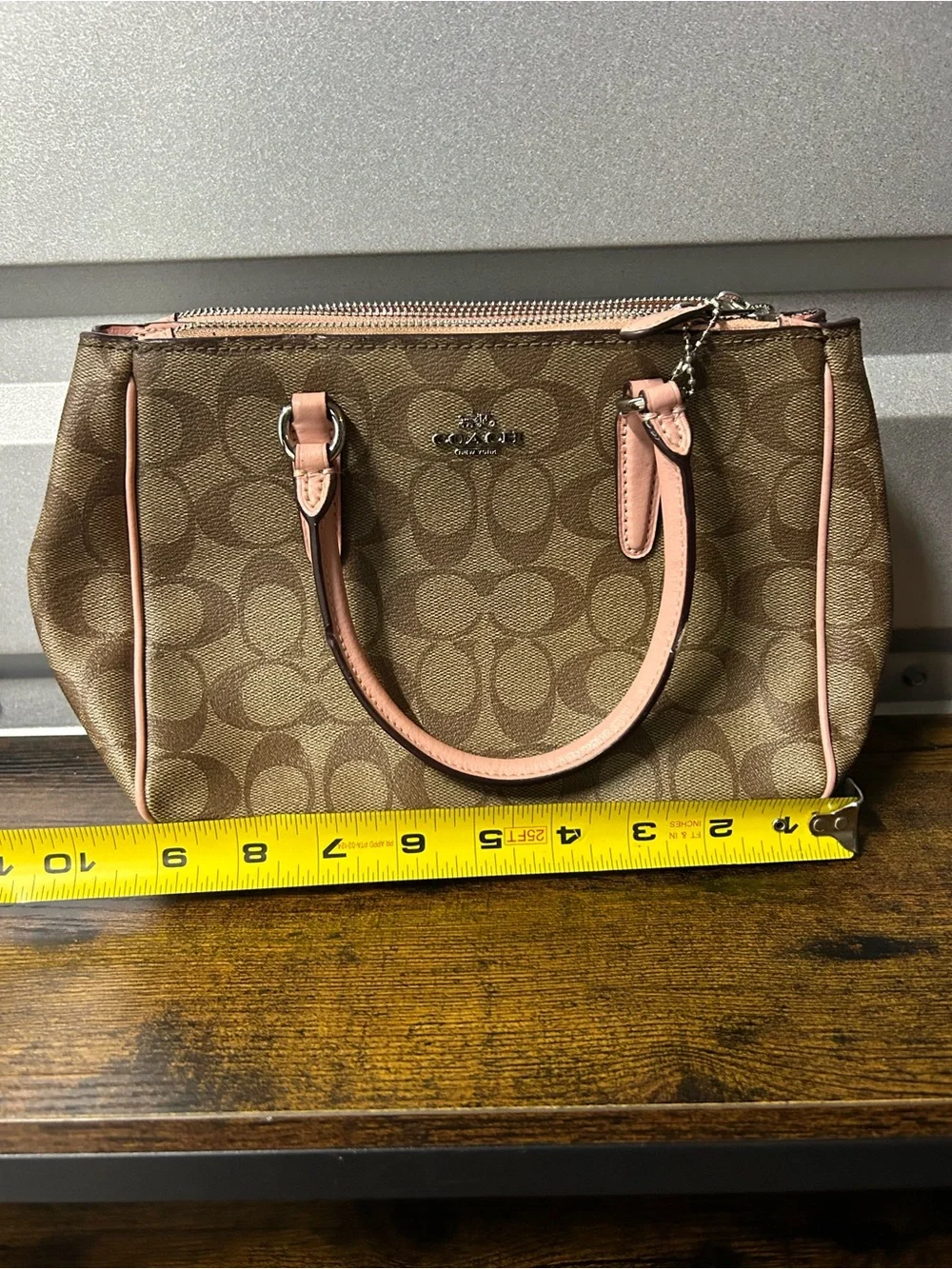 Coach Signature Logo Satchel Top Handle Zip Detachable Strap Brown Pink